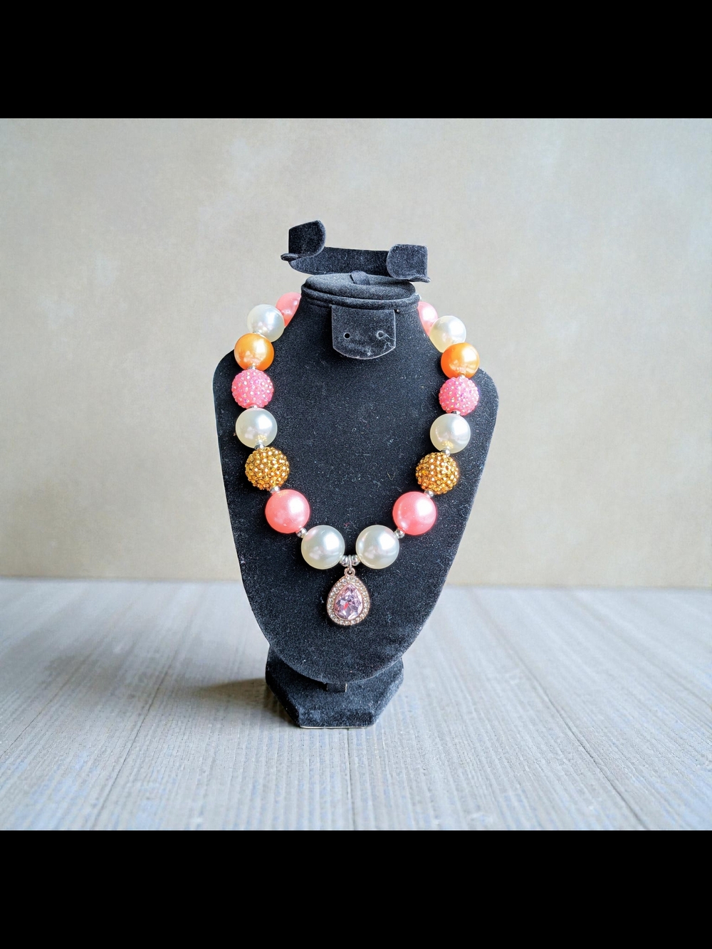 Chunky Bubblegum Necklace Pink Gold Pearl Bead Rhinestone Teardrop Pendant New